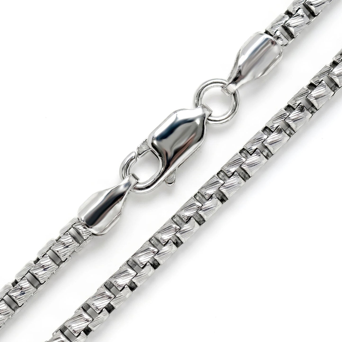 Sterling Silver Diamond-Cut Box Chain in 925 sterling silver, 3mm width, angled view