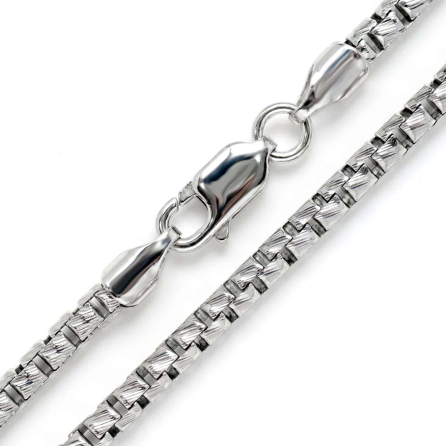 Sterling Silver Diamond-Cut Box Chain in 925 sterling silver, 3mm width, angled view