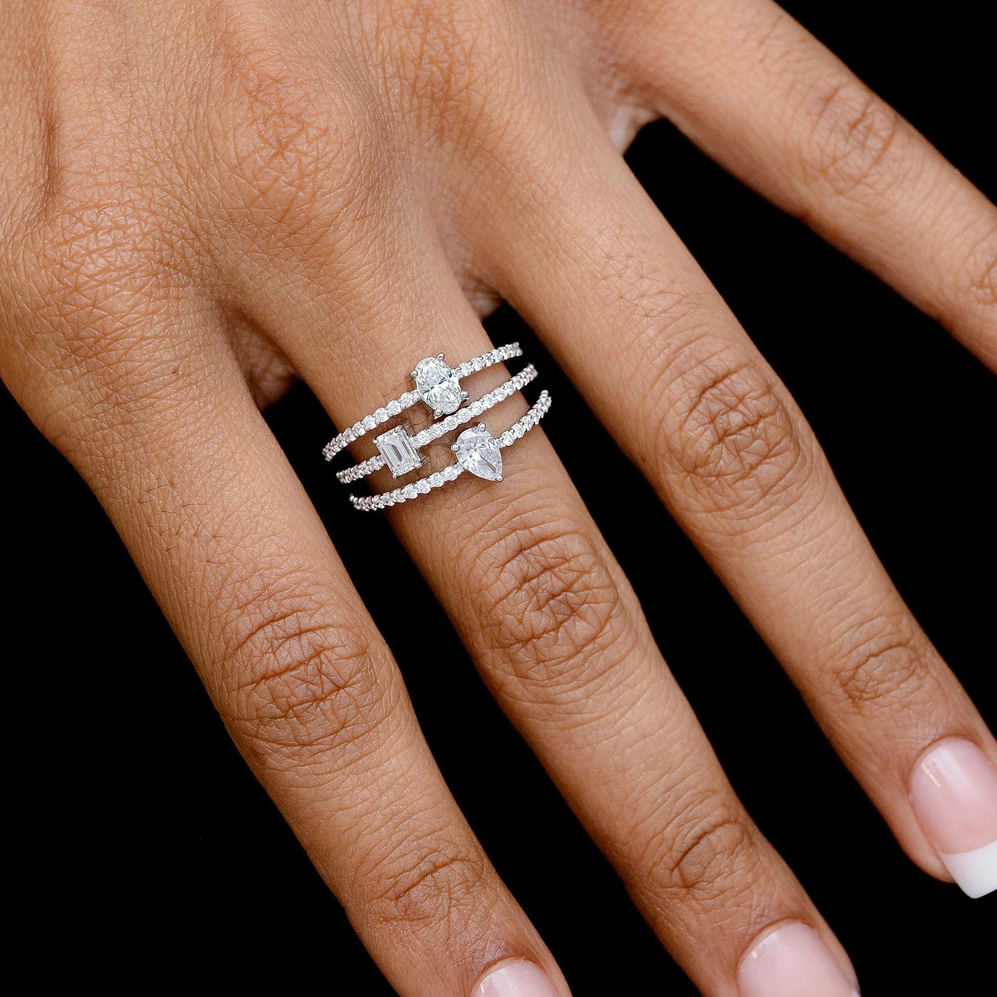 Three Row Multi-Shape Diamond Wrap Ring in 14K white gold, detail view