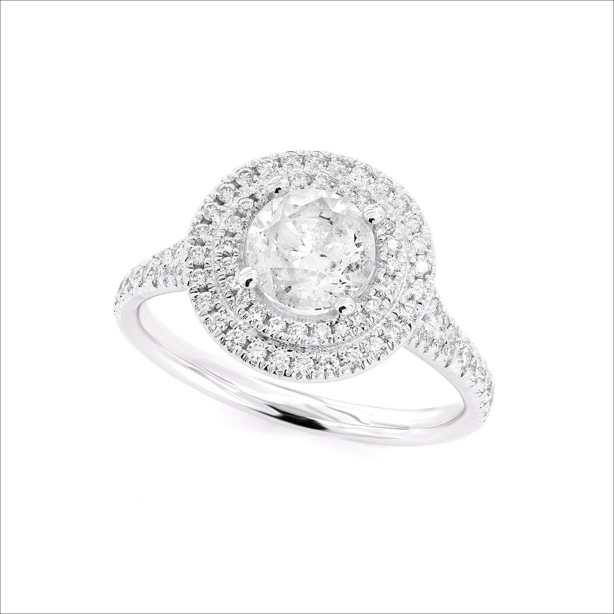 1ct round solitaire double halo ring in 14K white gold, angled view