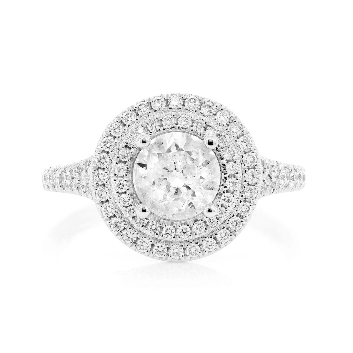 1ct round solitaire double halo ring in 14K white gold, front view