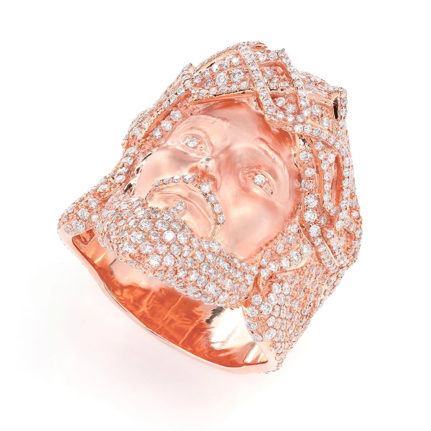 Jesus Face Diamond Signet Ring in 14K rose gold, detail view