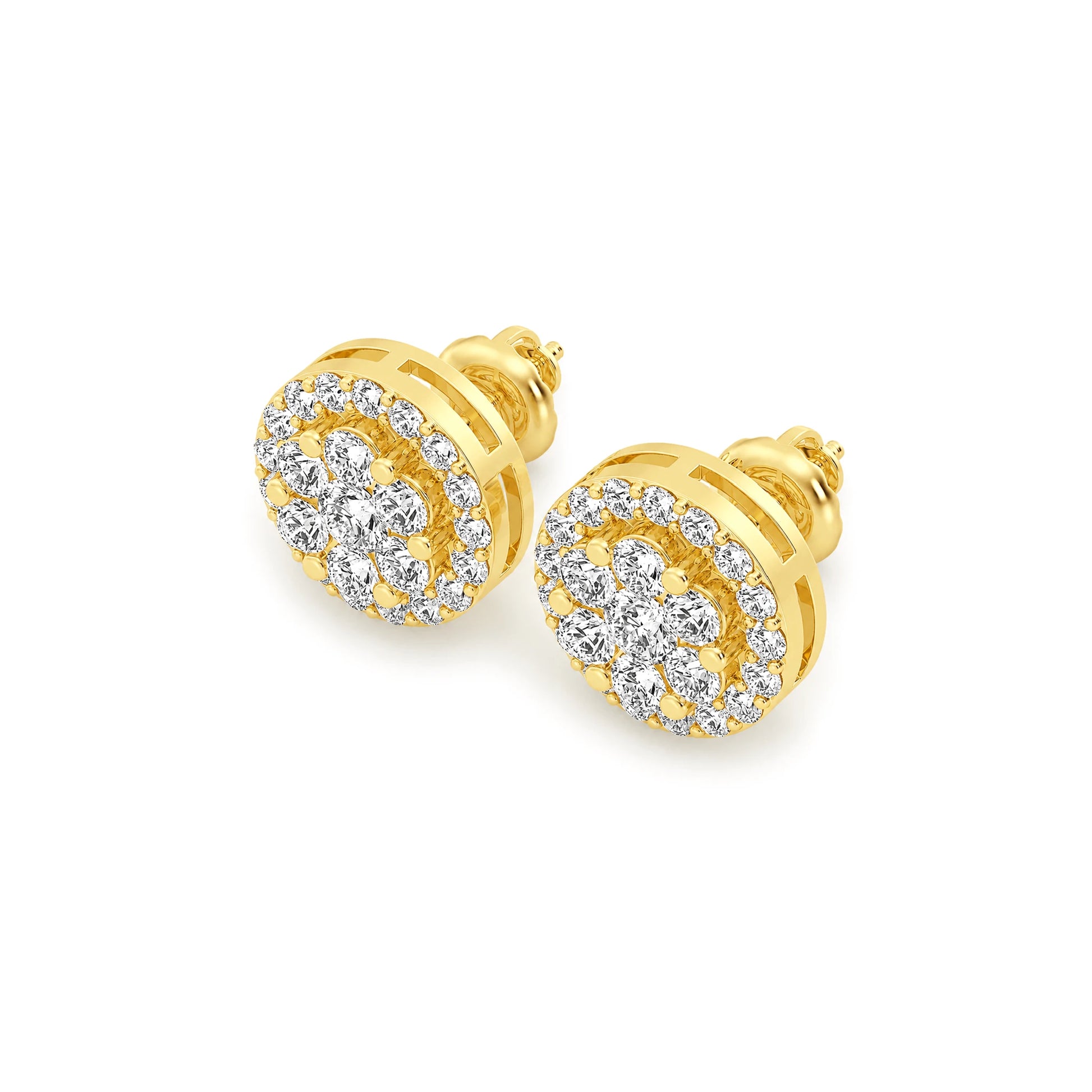 Halo Flower Diamond Studs in 14K yellow gold, 1.50ctw, angled view