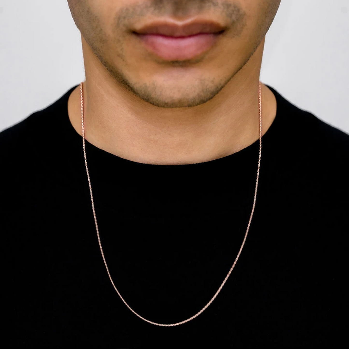 Rope Gold Chain in 14K rose gold, 1mm width, worn view