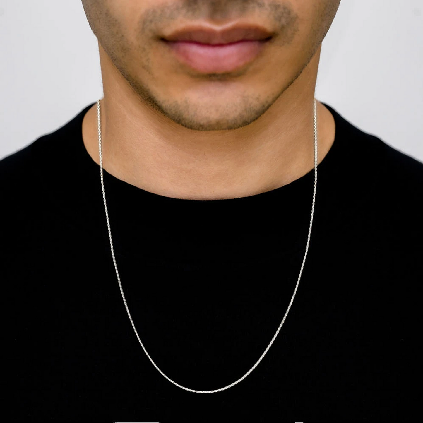 Rope Gold Chain in 14K white gold, 1mm width, worn view