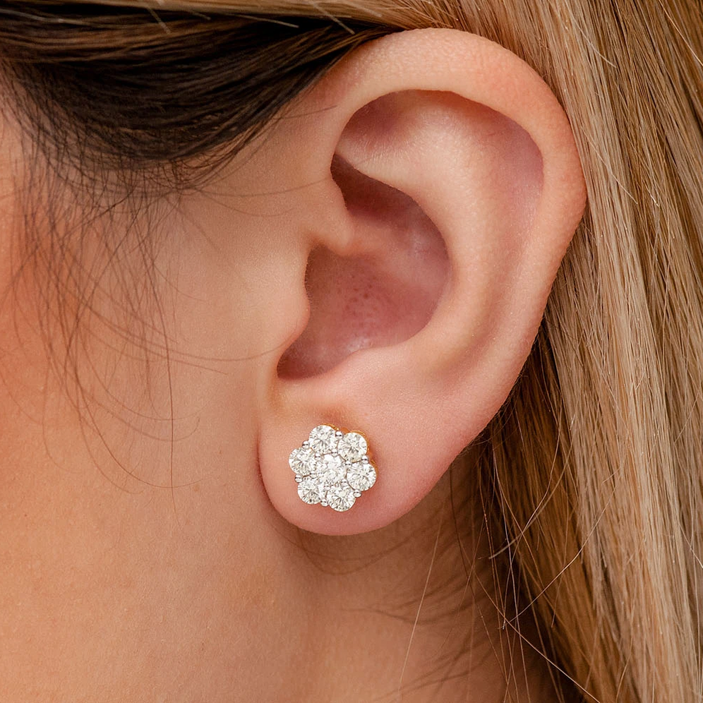 Flower Diamond Studs in 14K yellow gold, 2.00ctw, worn view