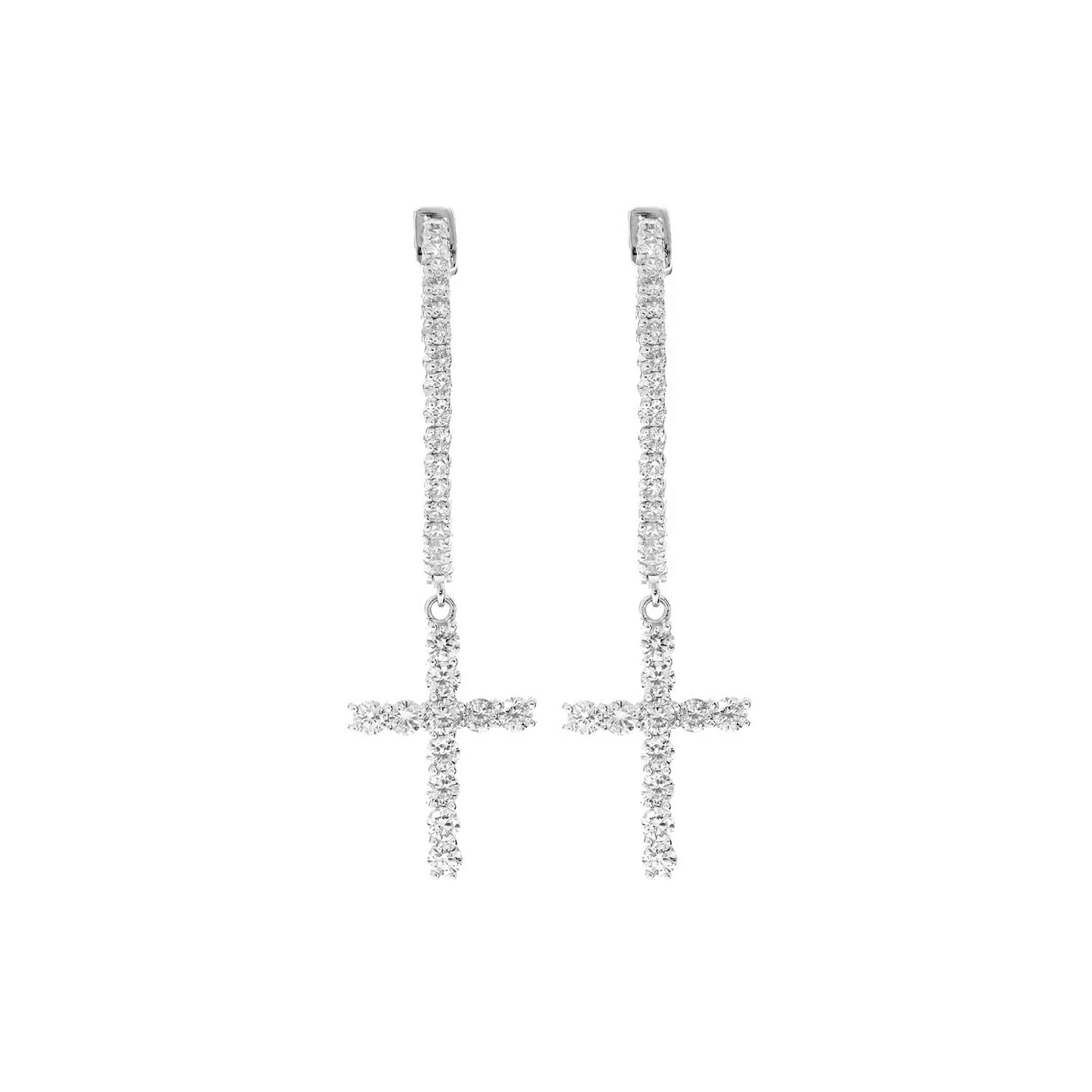 Cross Diamond Hoop Drops in 14K white gold, 2.70ctw, front view