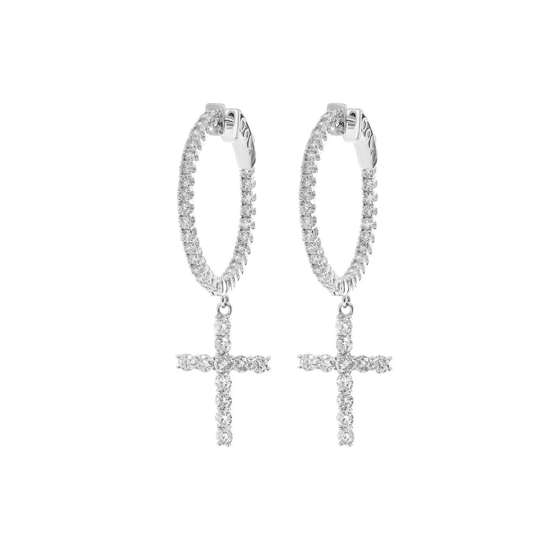 Cross Diamond Hoop Drops in 14K white gold, 2.70ctw, side view