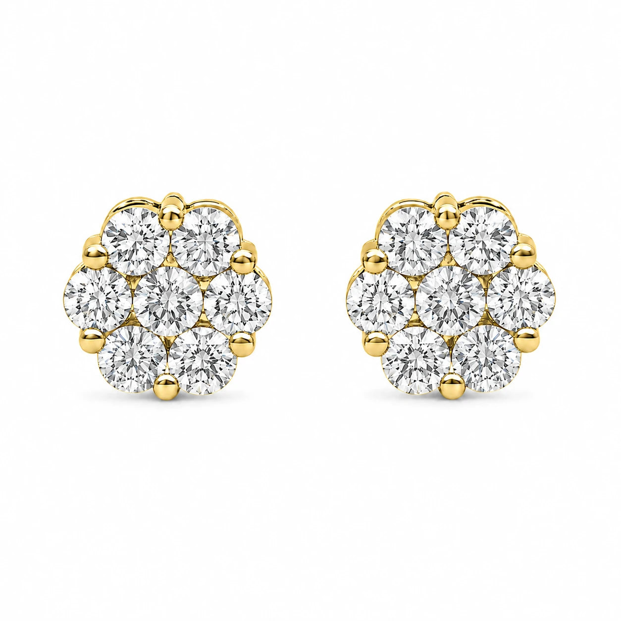 Flower Diamond Studs in 14K yellow gold, 1.50ctw, front view