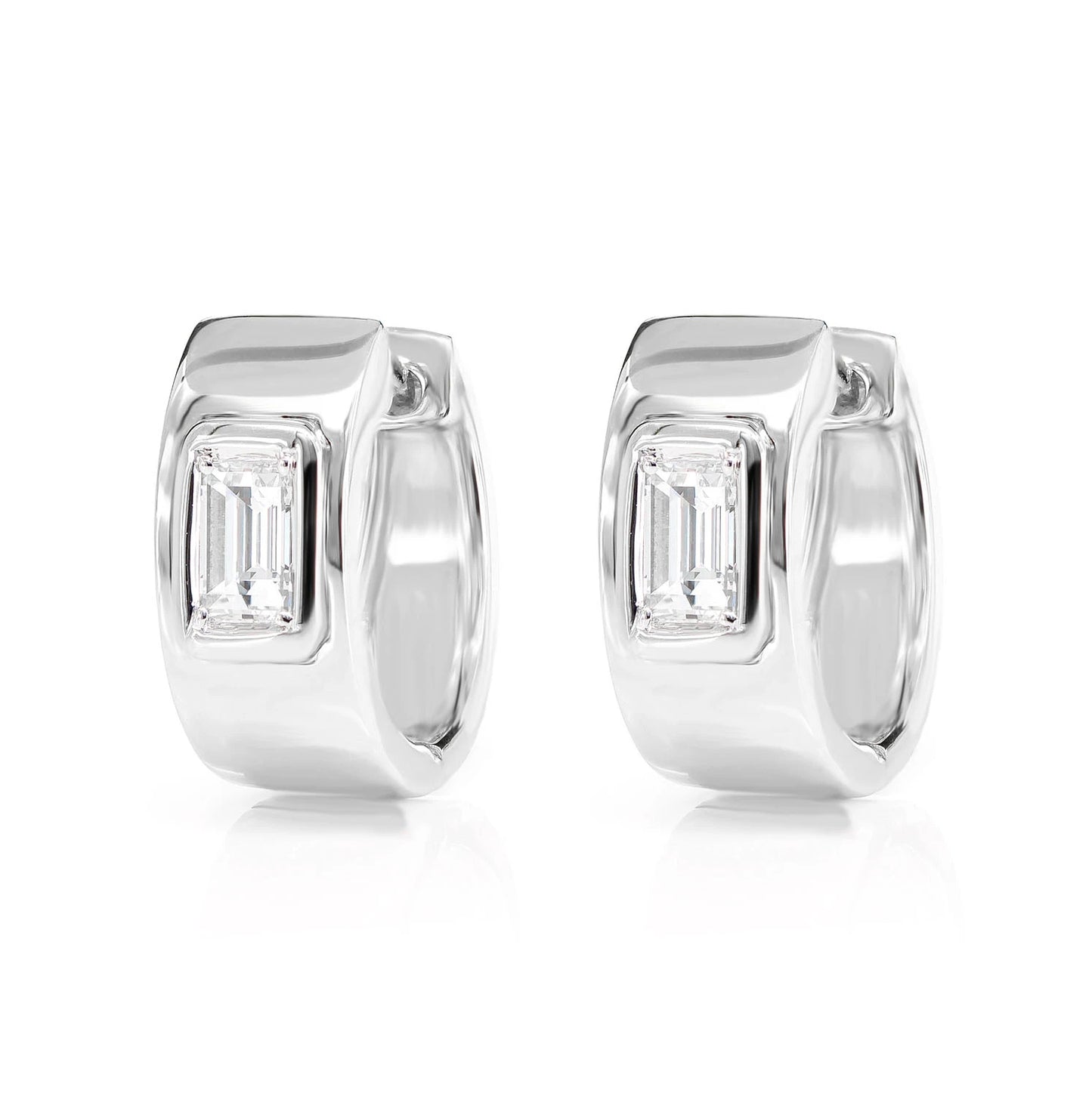 Diamond Solitaire Baguette Framed Huggie Earrings