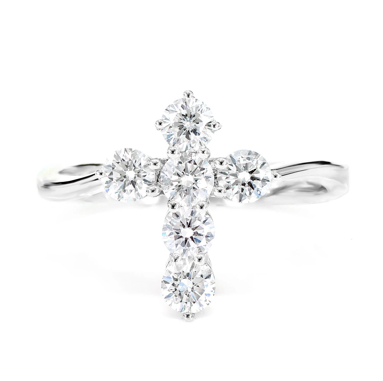 Pointed Cross Diamond Ring in 14K white gold, front view