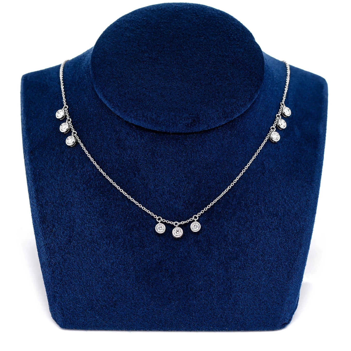 Triple Bezel Diamond Drop Station Necklace in 14K white gold, angled view