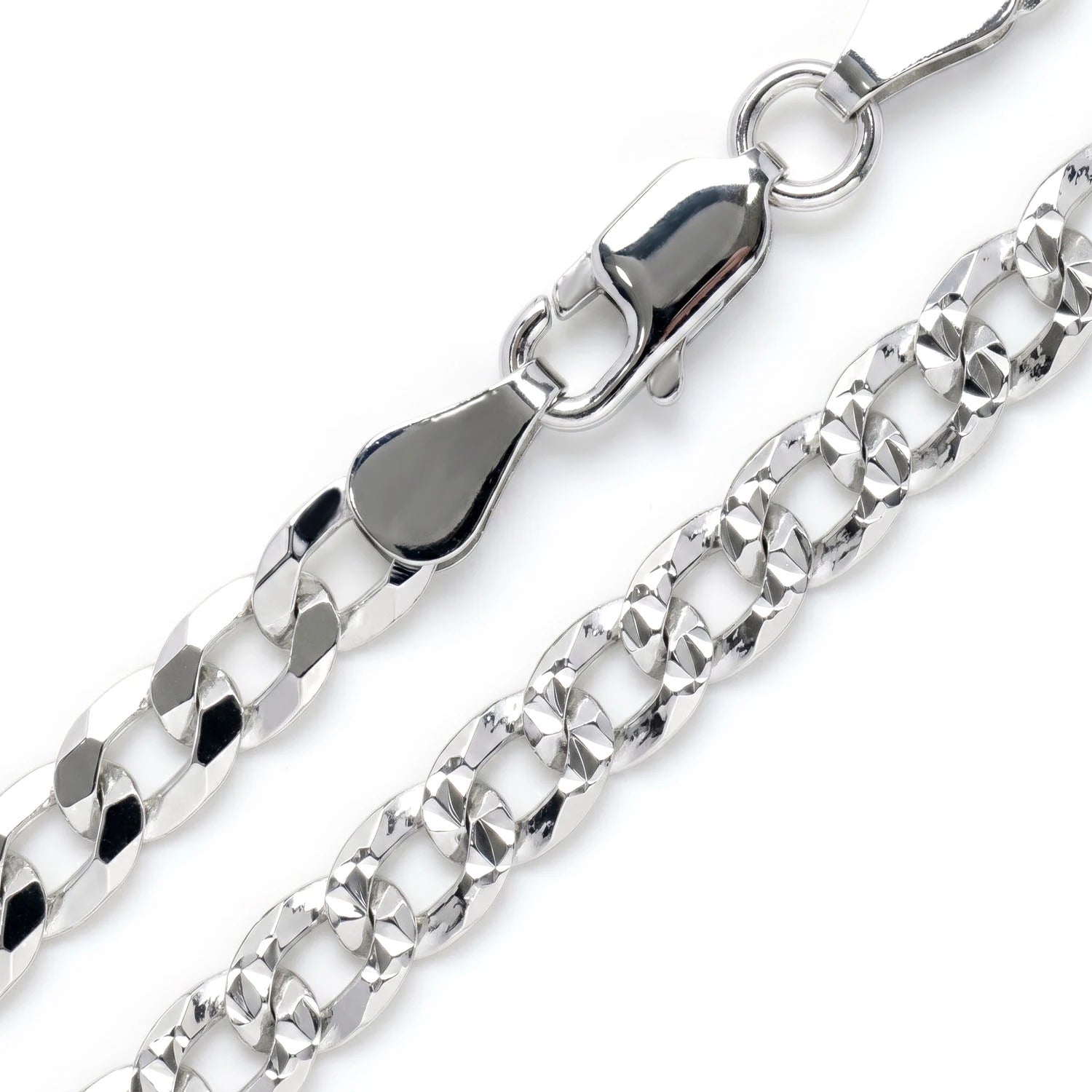 Sterling Silver Flat Curb Chain in 925 sterling silver, 5.5mm width, angled view