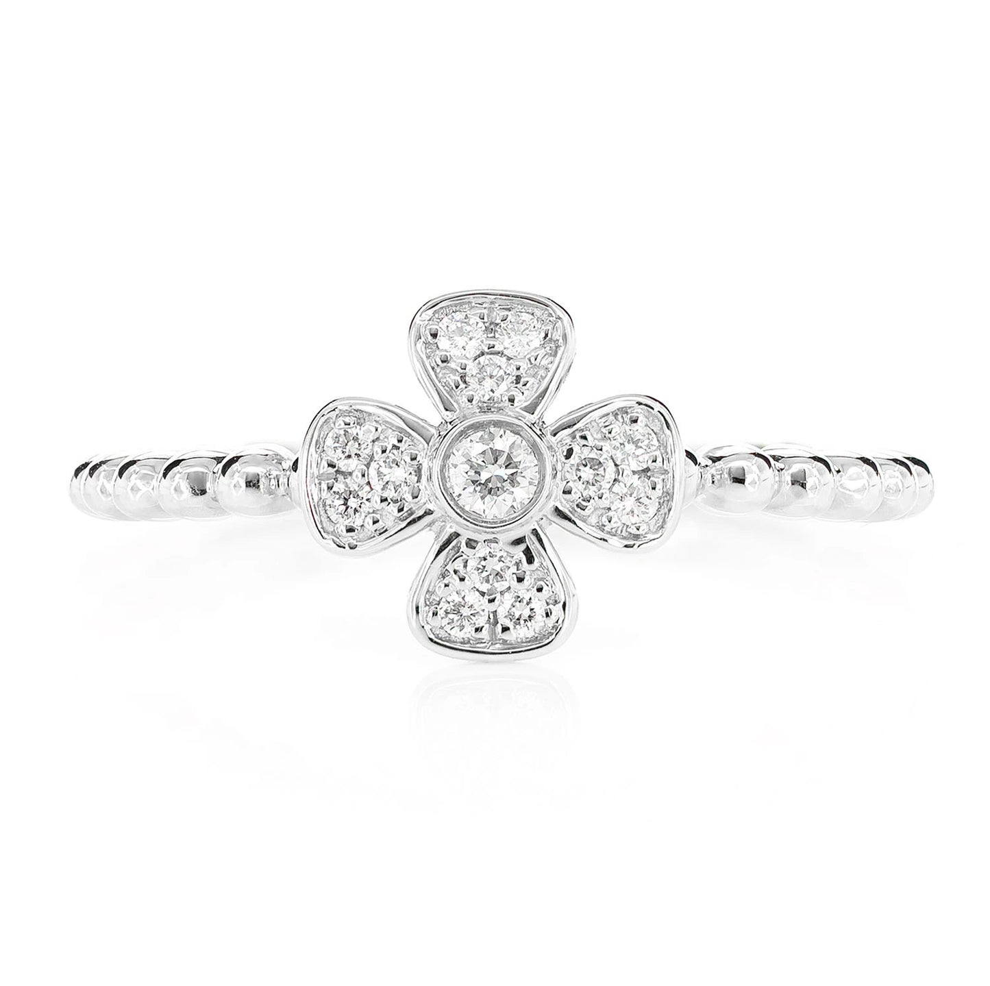 Beaded Bezel Flower Diamond Ring in 14K white gold, front view