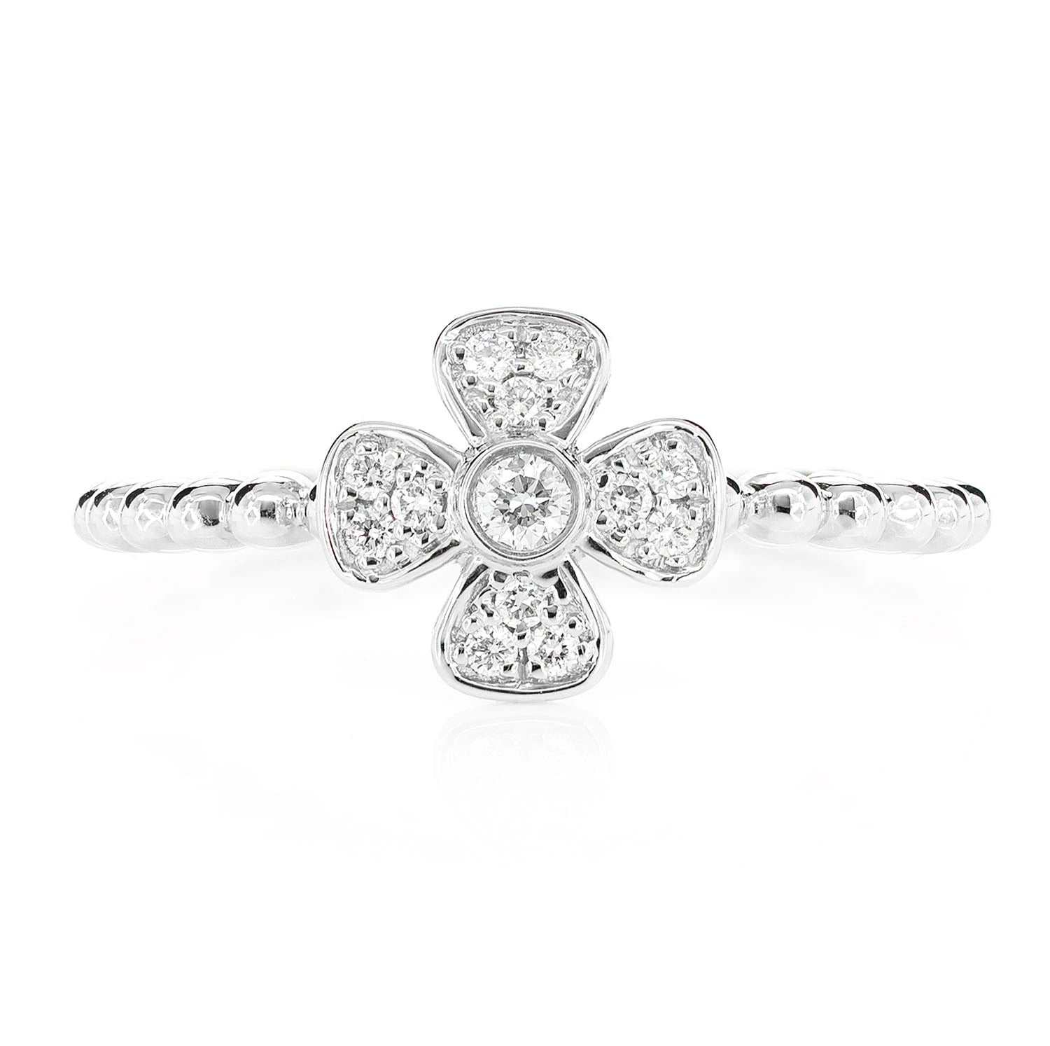 Beaded Bezel Flower Diamond Ring in 14K white gold, front view