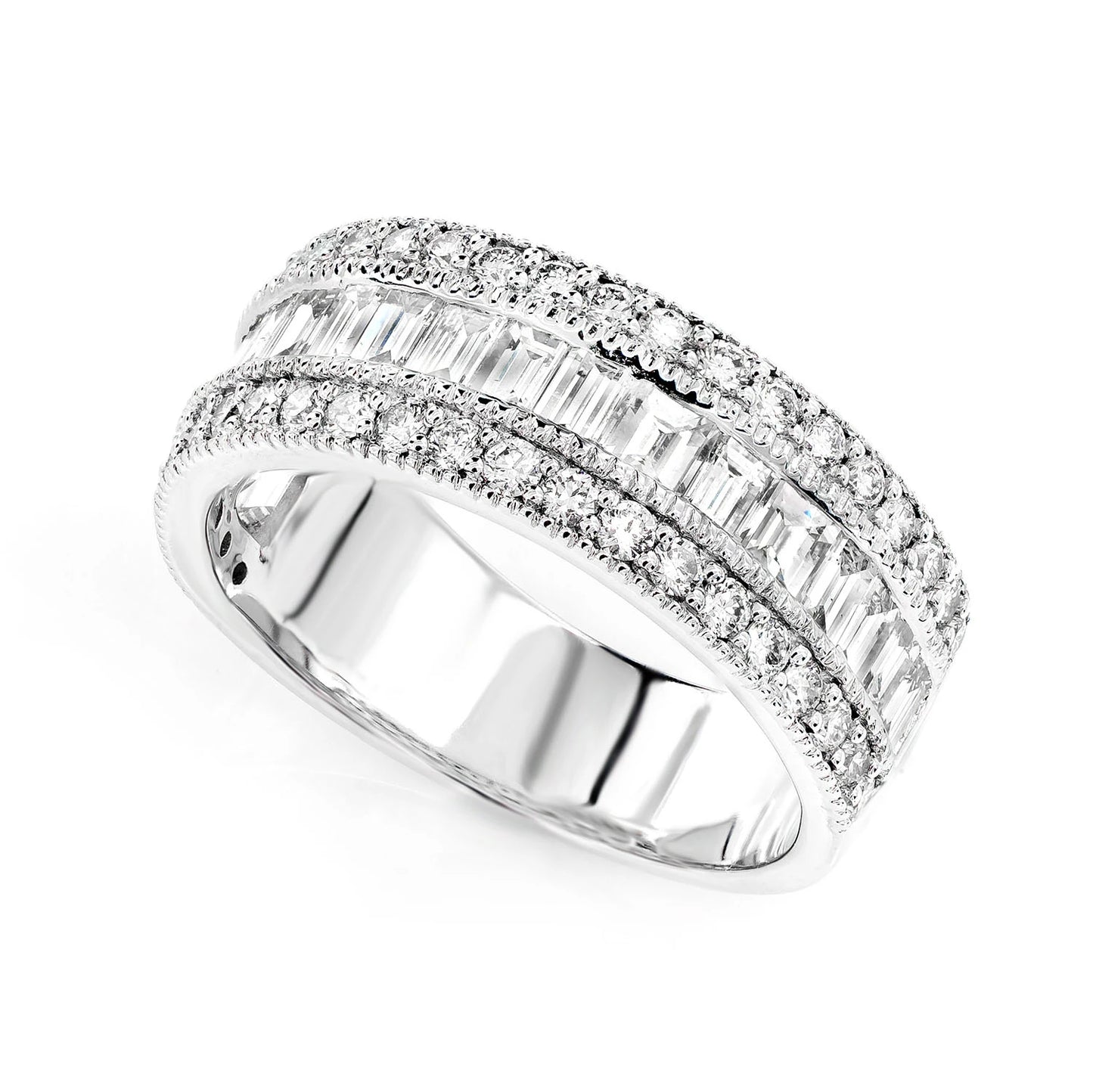 Milgrain Border Baguette & Round Diamond Band Ring in 14K white gold, detail view
