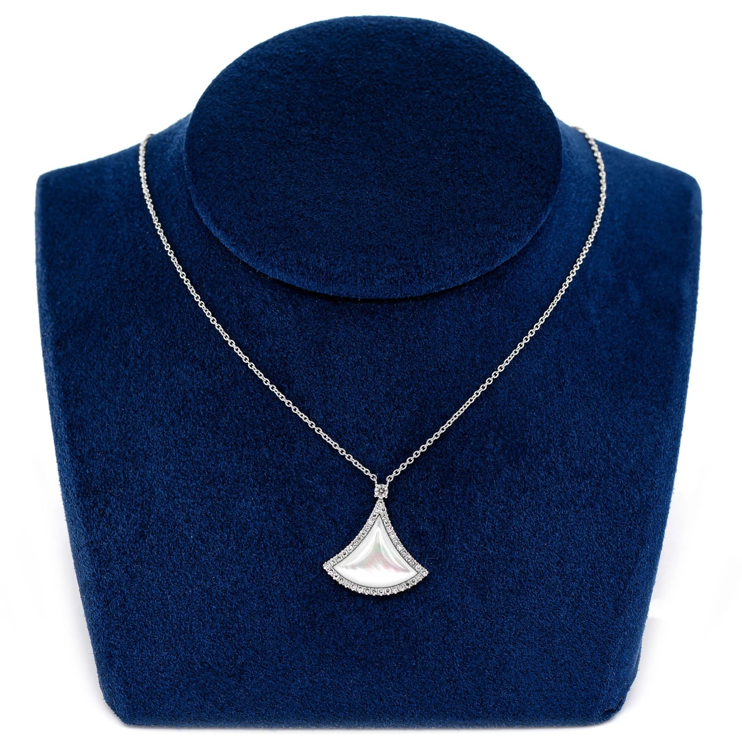 Curved Mother of Pearl Triangle Diamond Necklace in 14K white gold, angled view