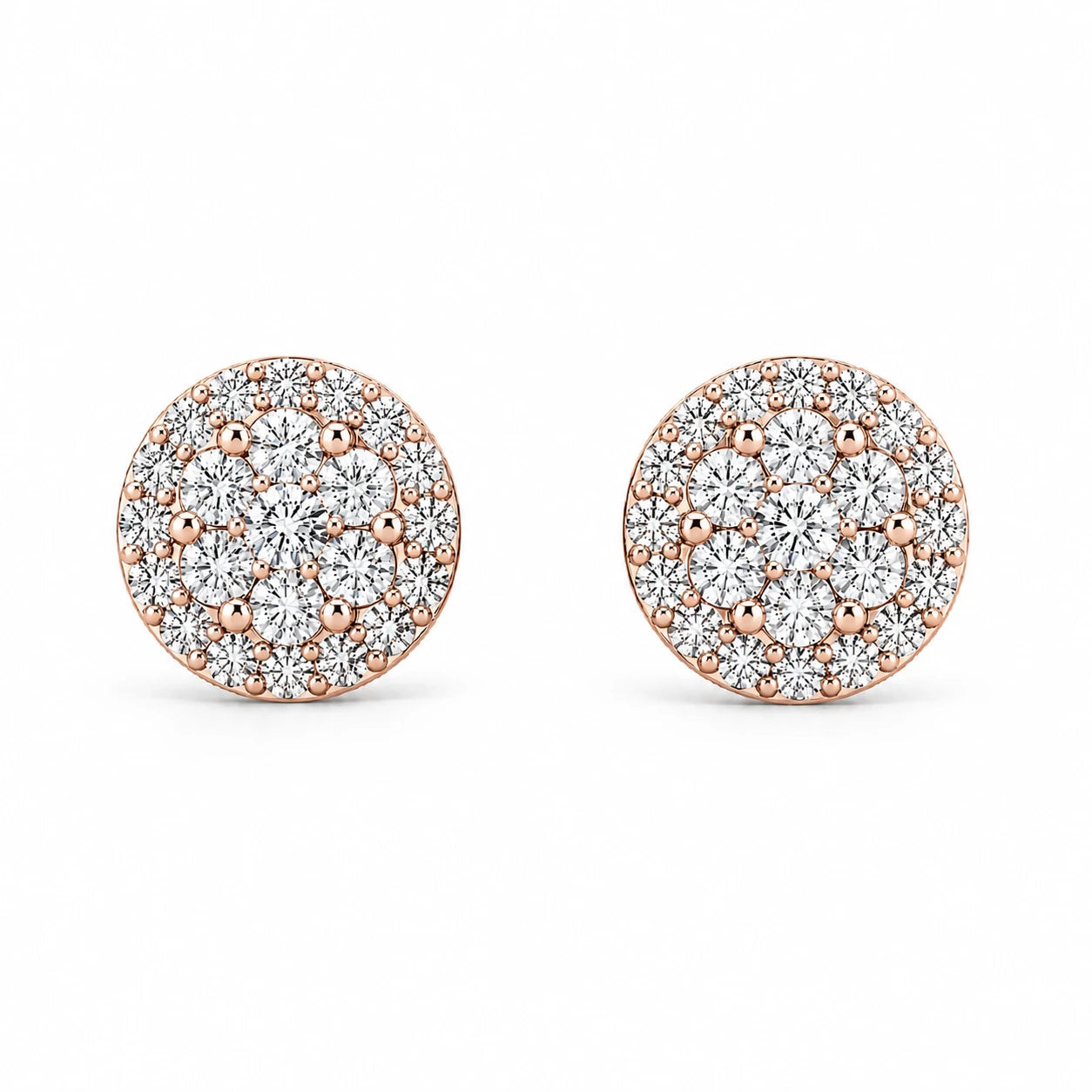 Halo Flower Diamond Studs in 14K rose gold, 1.50ctw, front view