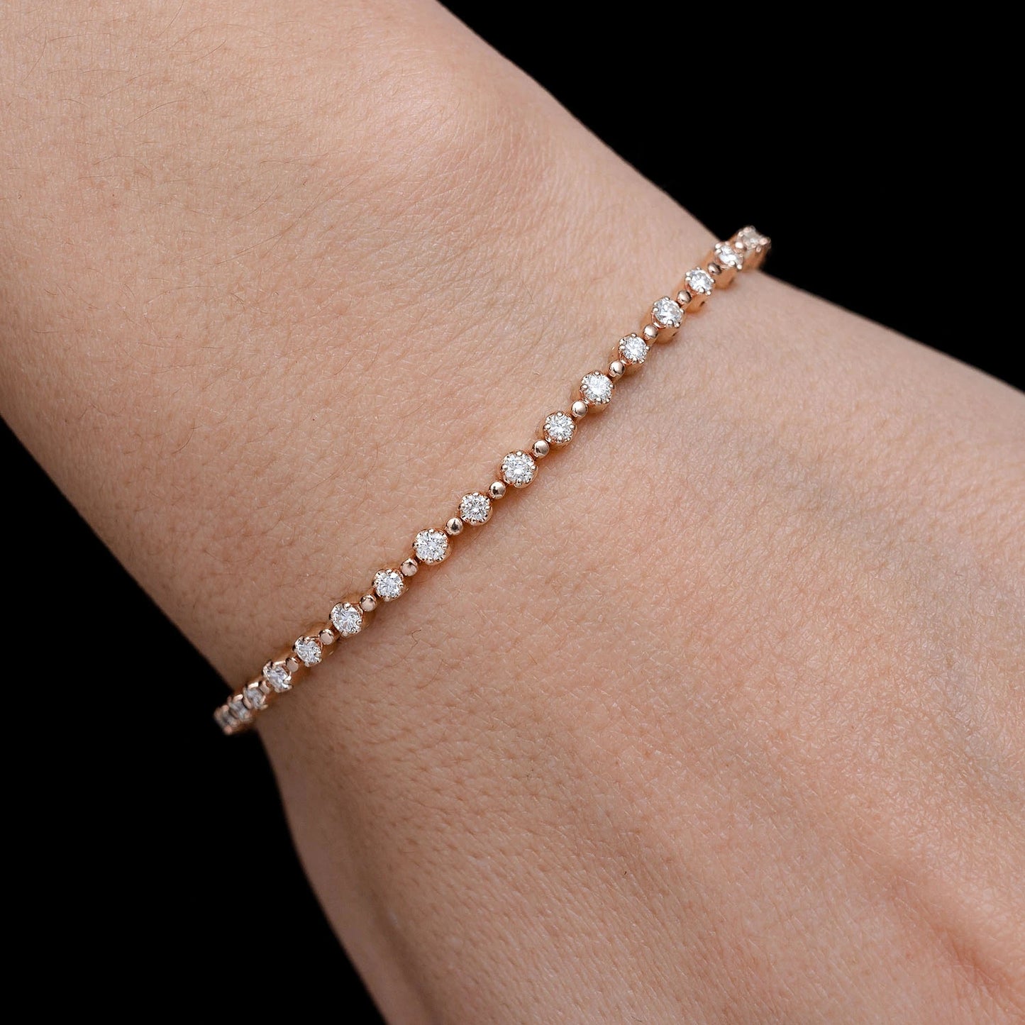Beaded Crown Set Diamond Bracelet in 14K rose gold, One Color, alternate view