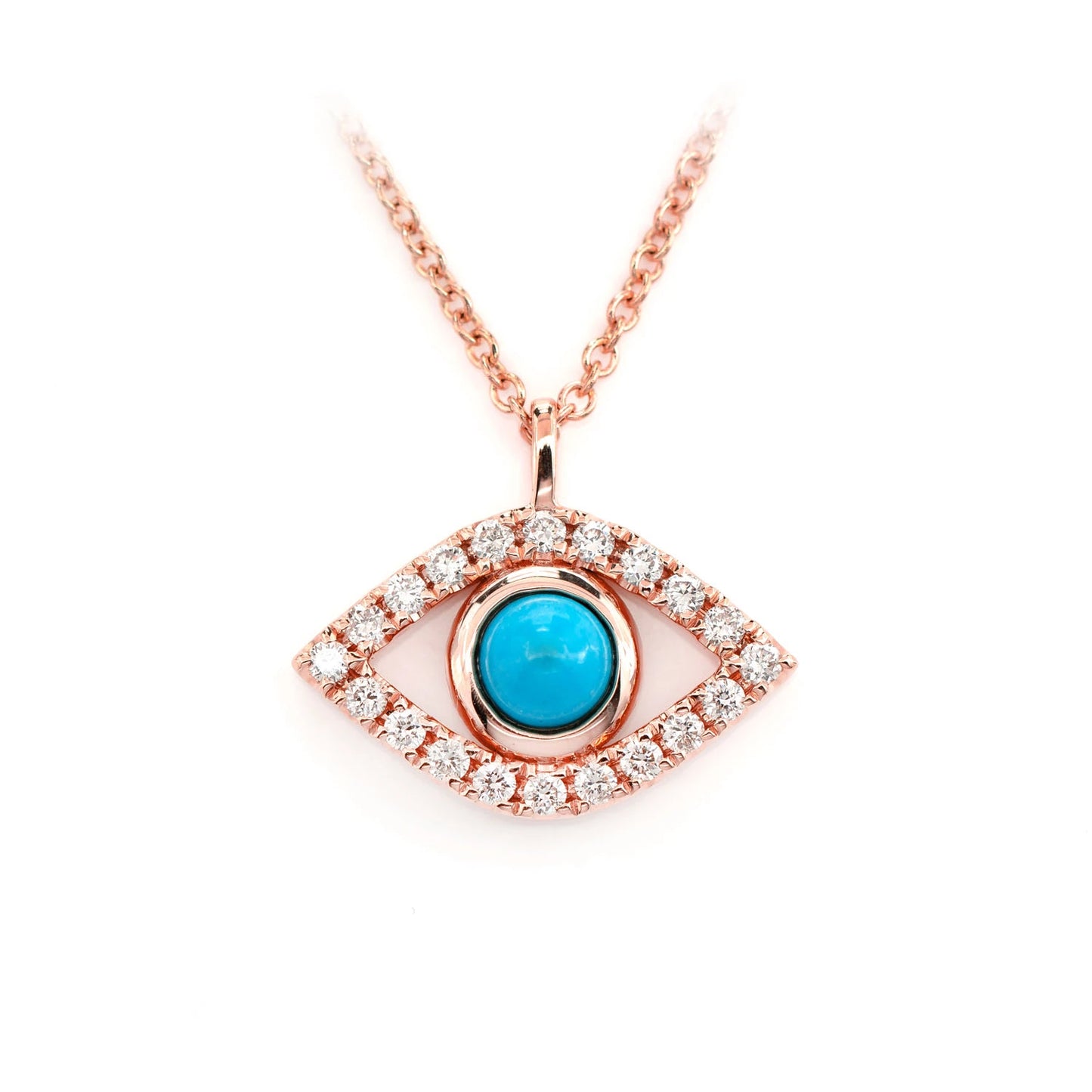 Turquoise & Diamond Evil Eye Necklace in 14K rose gold, front view