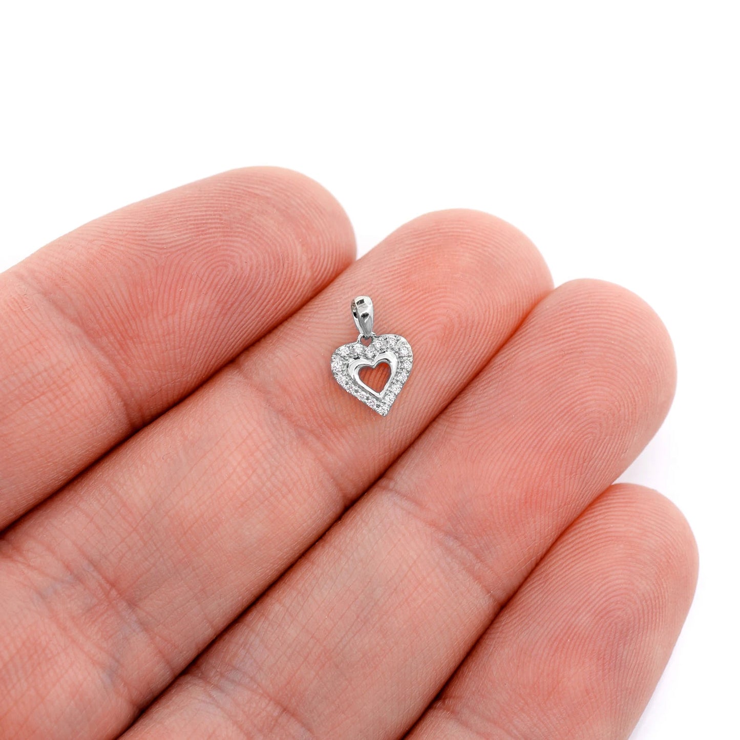 Open Heart Halo Diamond Pendant in 14K white gold, angled view