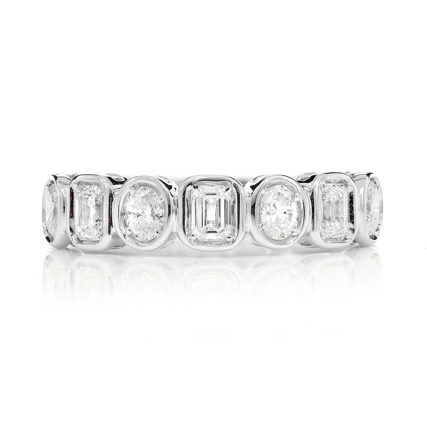 Oval & Baguette Bezel Diamond Band Ring in 14K white gold, front view