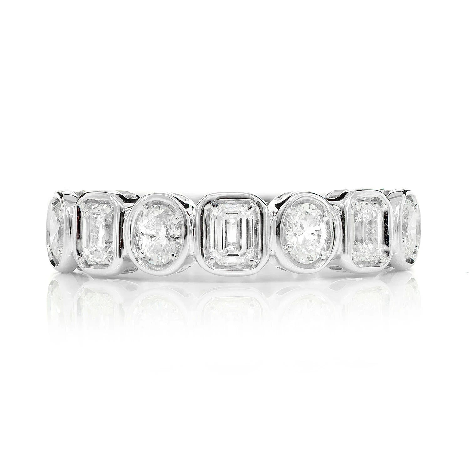 Oval & Baguette Bezel Diamond Band Ring in 14K white gold, front view