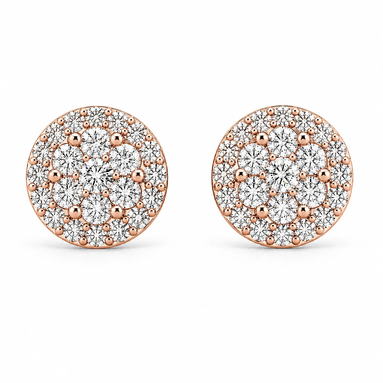 Halo Flower Diamond Studs in 14K rose gold, 3.00ctw, front view