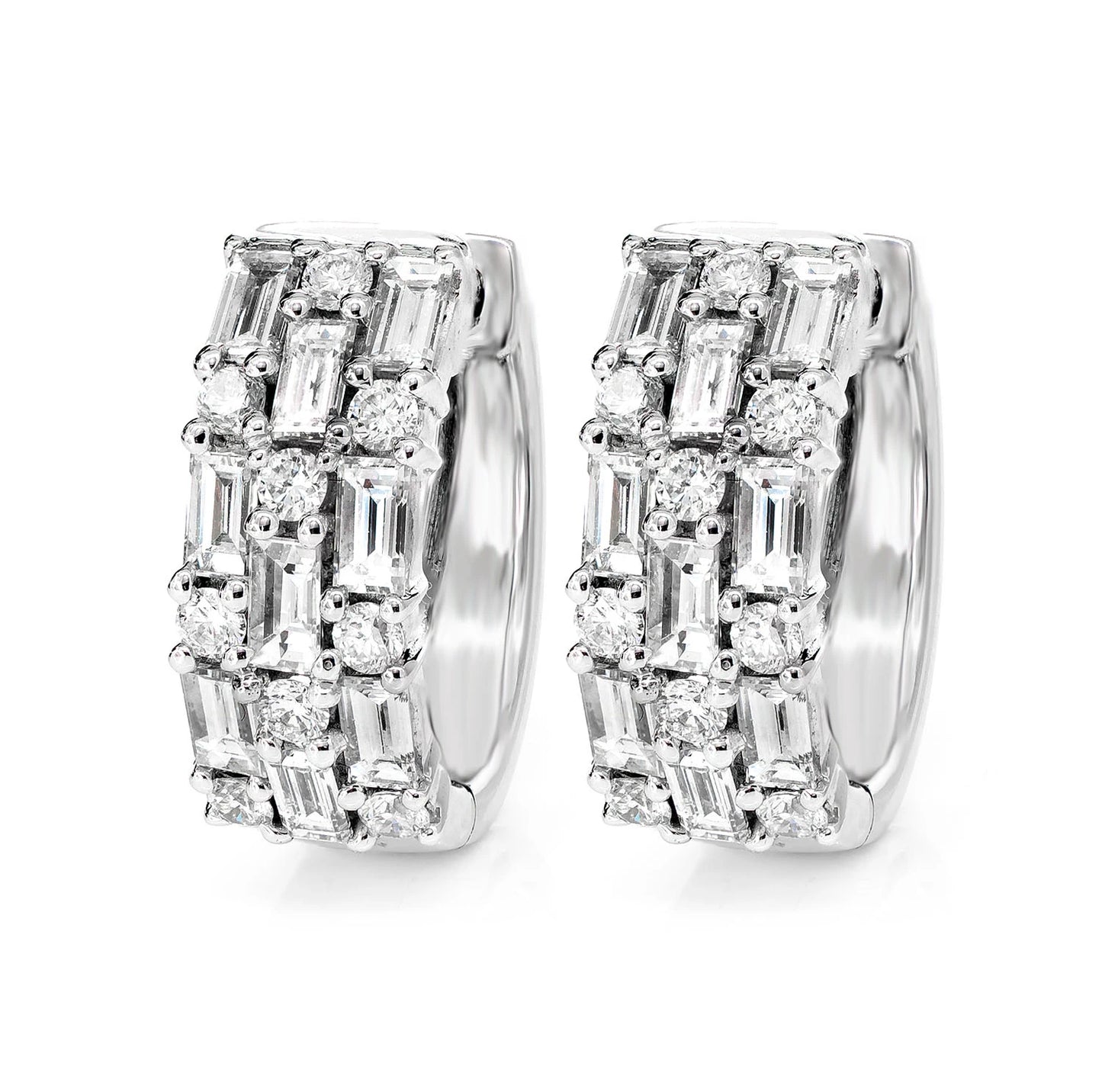 Three Row Baguette and Round Diamond Hoop Earrings