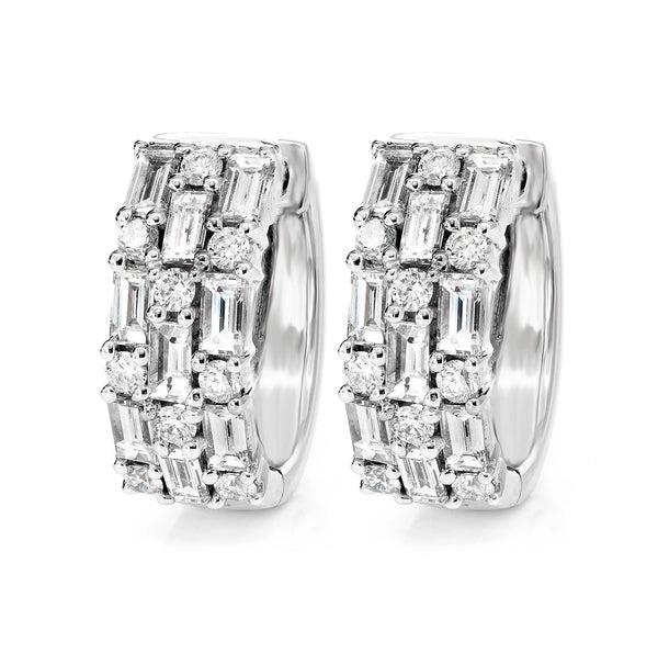 Three Row Baguette and Round Diamond Hoop Earrings