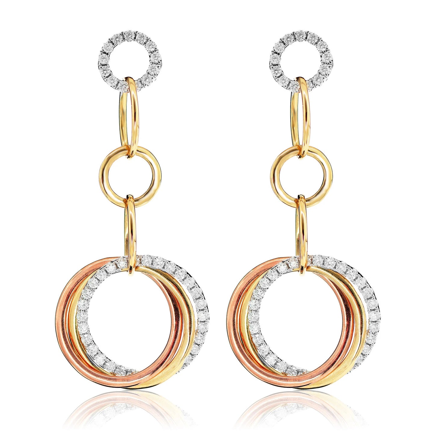Interlocked Trinity Tri Tone Diamond Dangle Hoop Earrings
