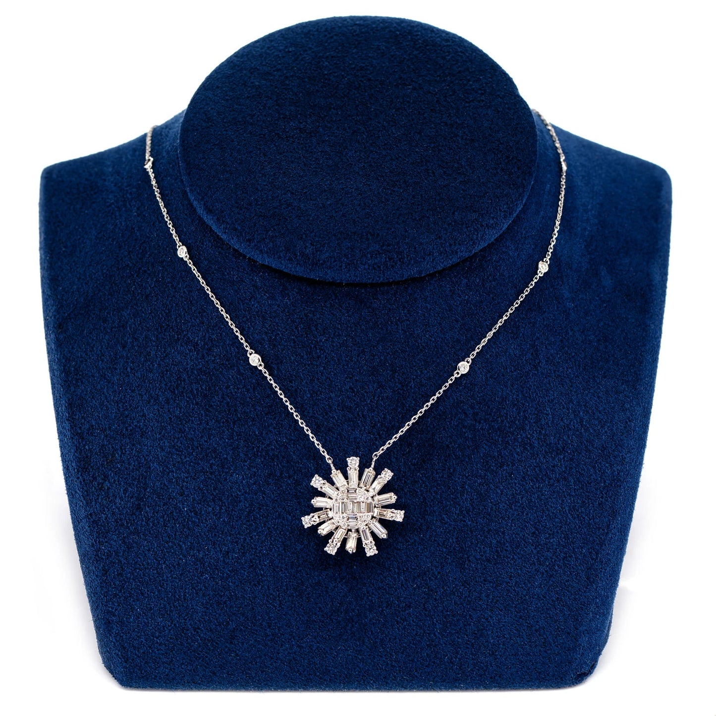 Baguette Diamond Sunburst Necklace in 14K white gold, angled view