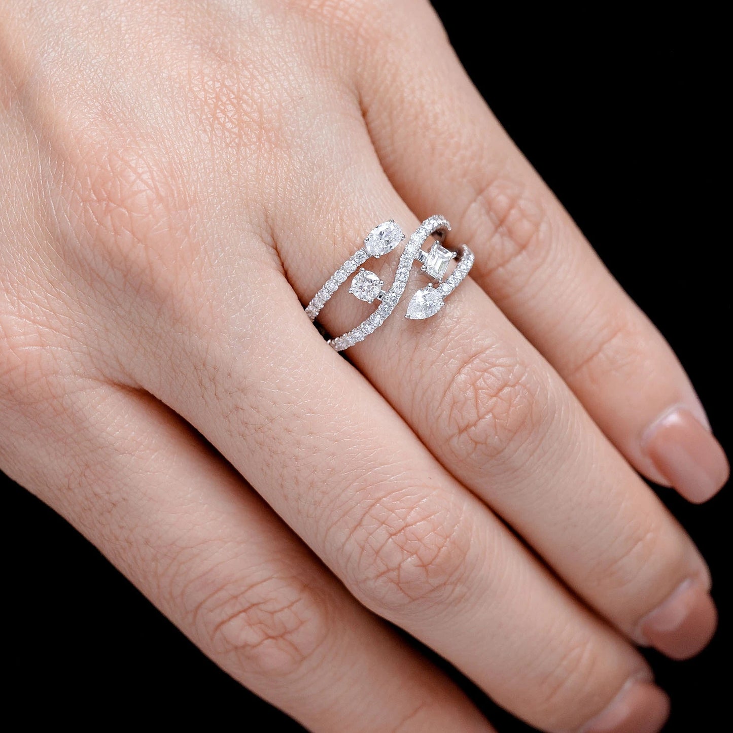 Solid Multi-Shape Bypass Ring in 14K white gold, detail view