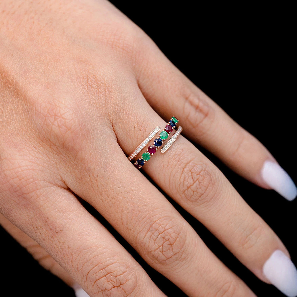 Tri Colored Gem and Diamond Semi Wrap Ring