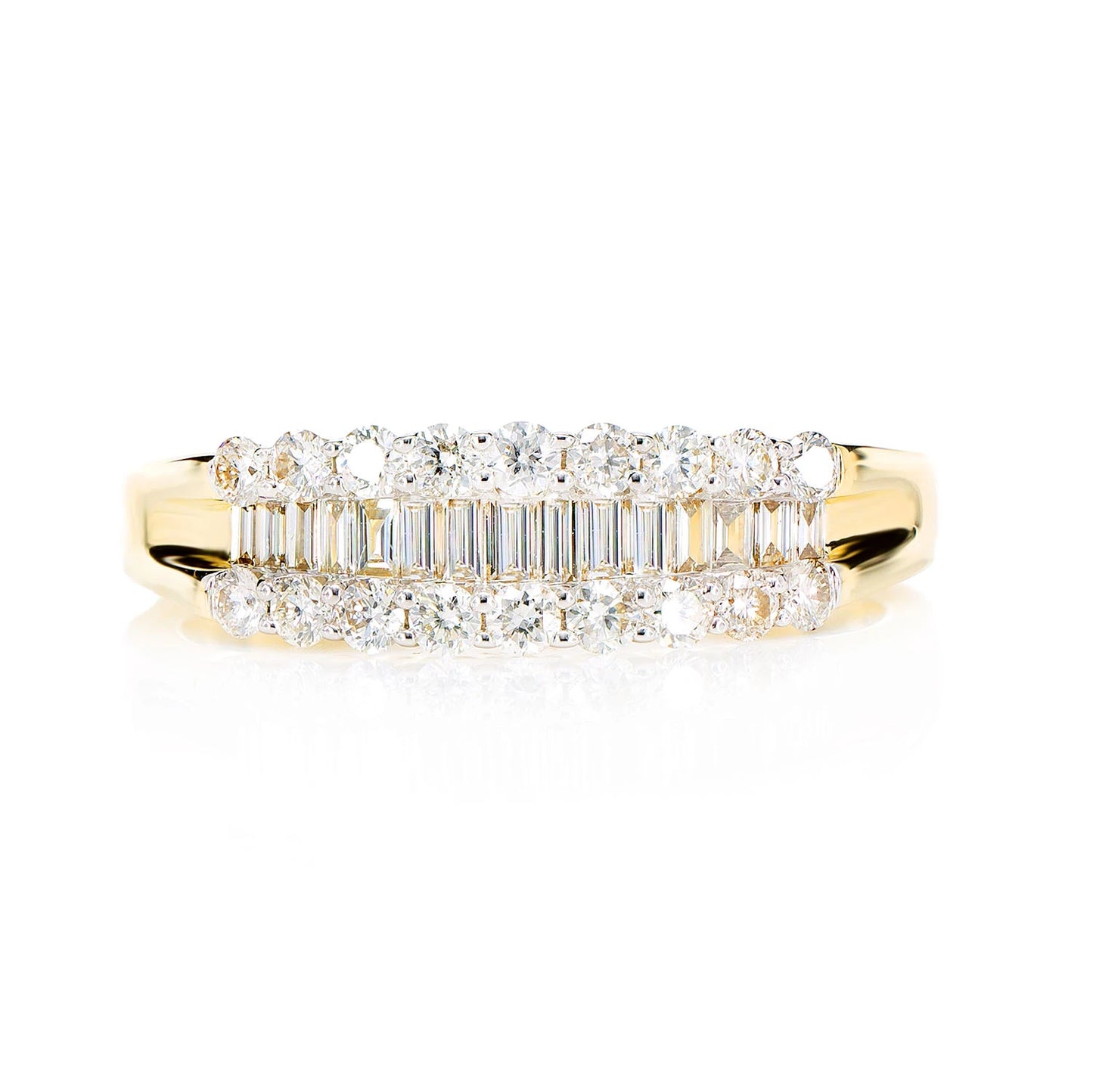 Round & Baguette Channel Diamond Ring in 14K yellow gold, front view