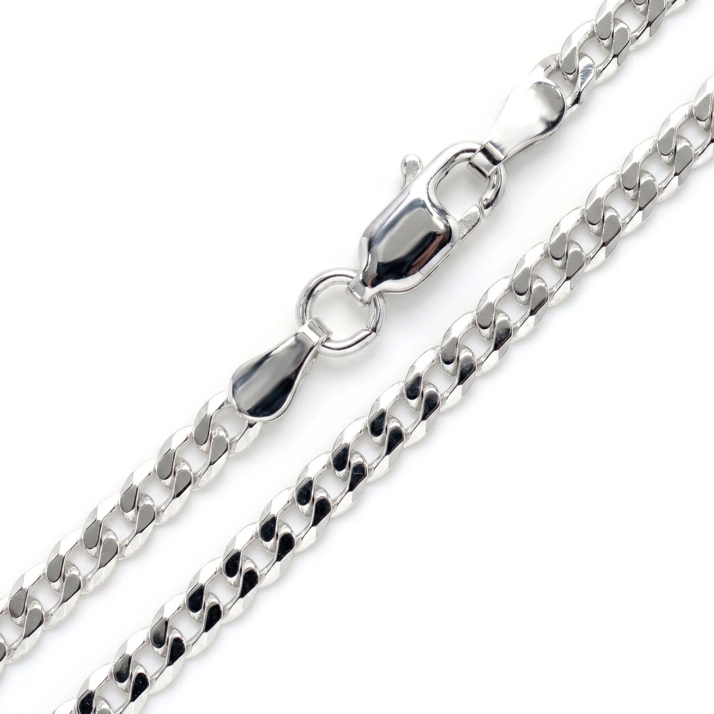 Sterling Silver Flat Curb Chain in 925 sterling silver, 3mm width, angled view