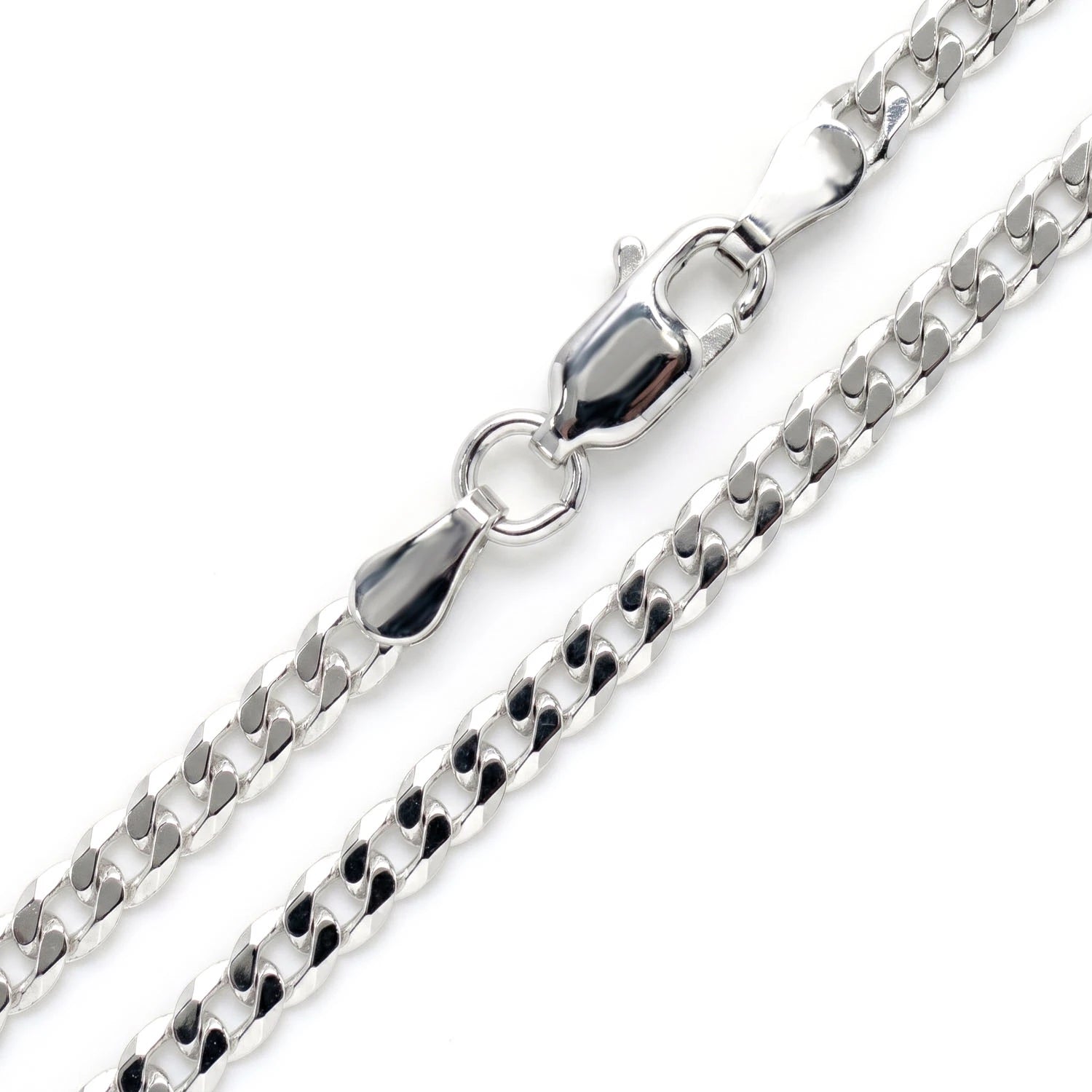 Sterling Silver Flat Curb Chain in 925 sterling silver, 3mm width, angled view