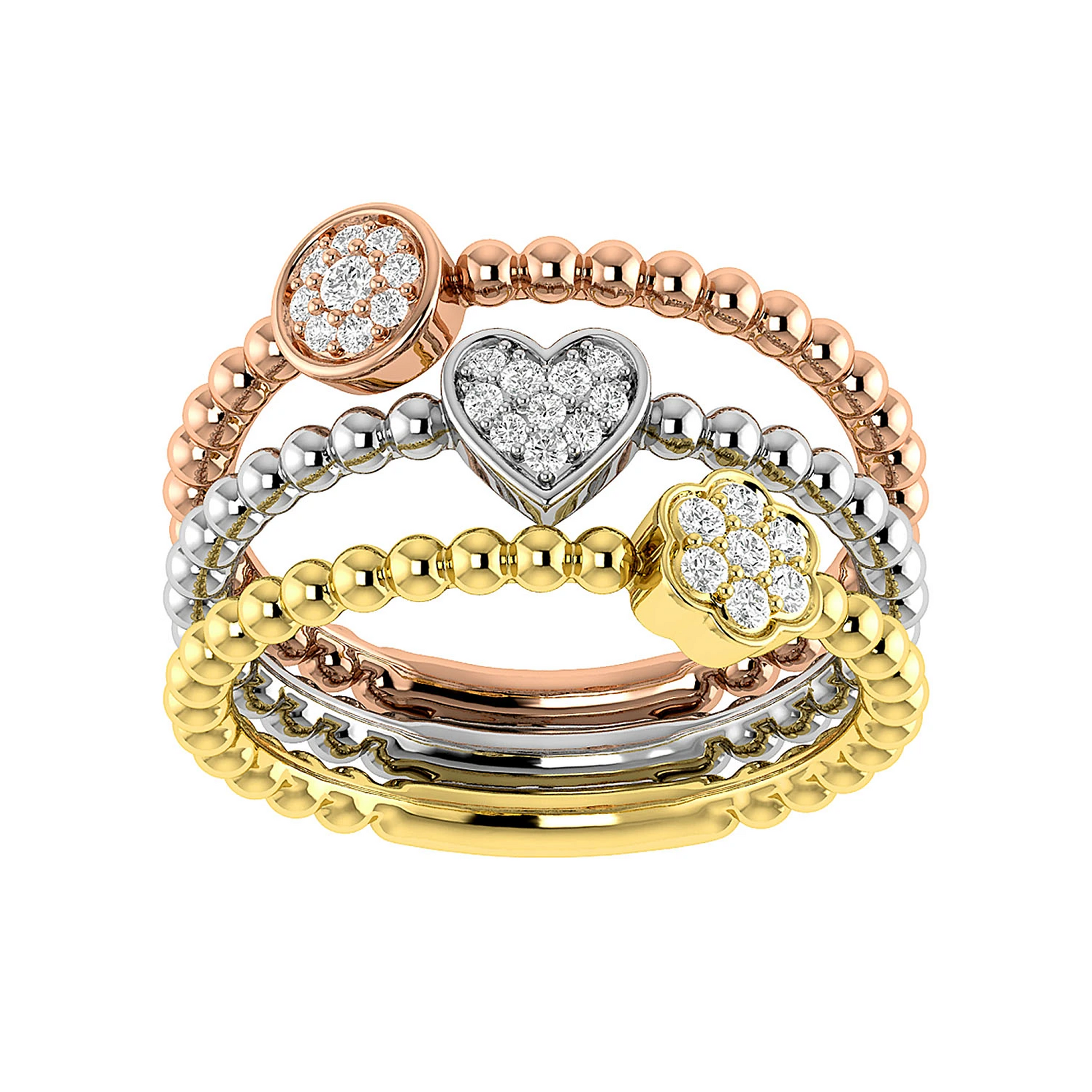 Three Row Beaded Diamond Ring in tri tone 14k gold, front view