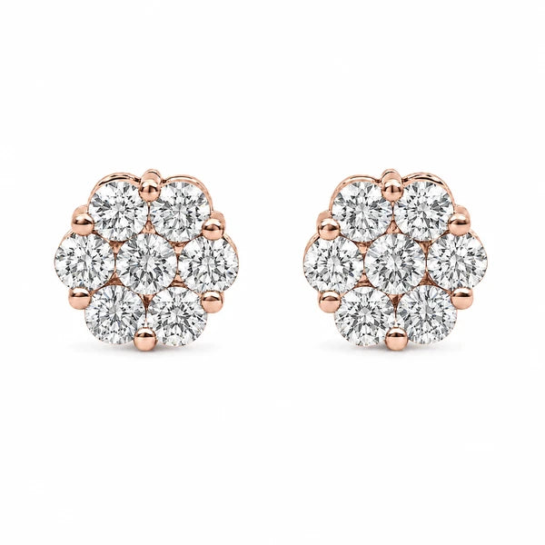 Flower Diamond Studs in 14K rose gold, 1.50ctw, front view