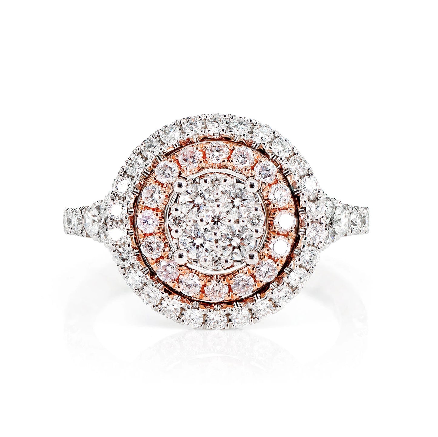 Double Halo Round Cluster Diamond Ring in two tone rose 14k gold, front view