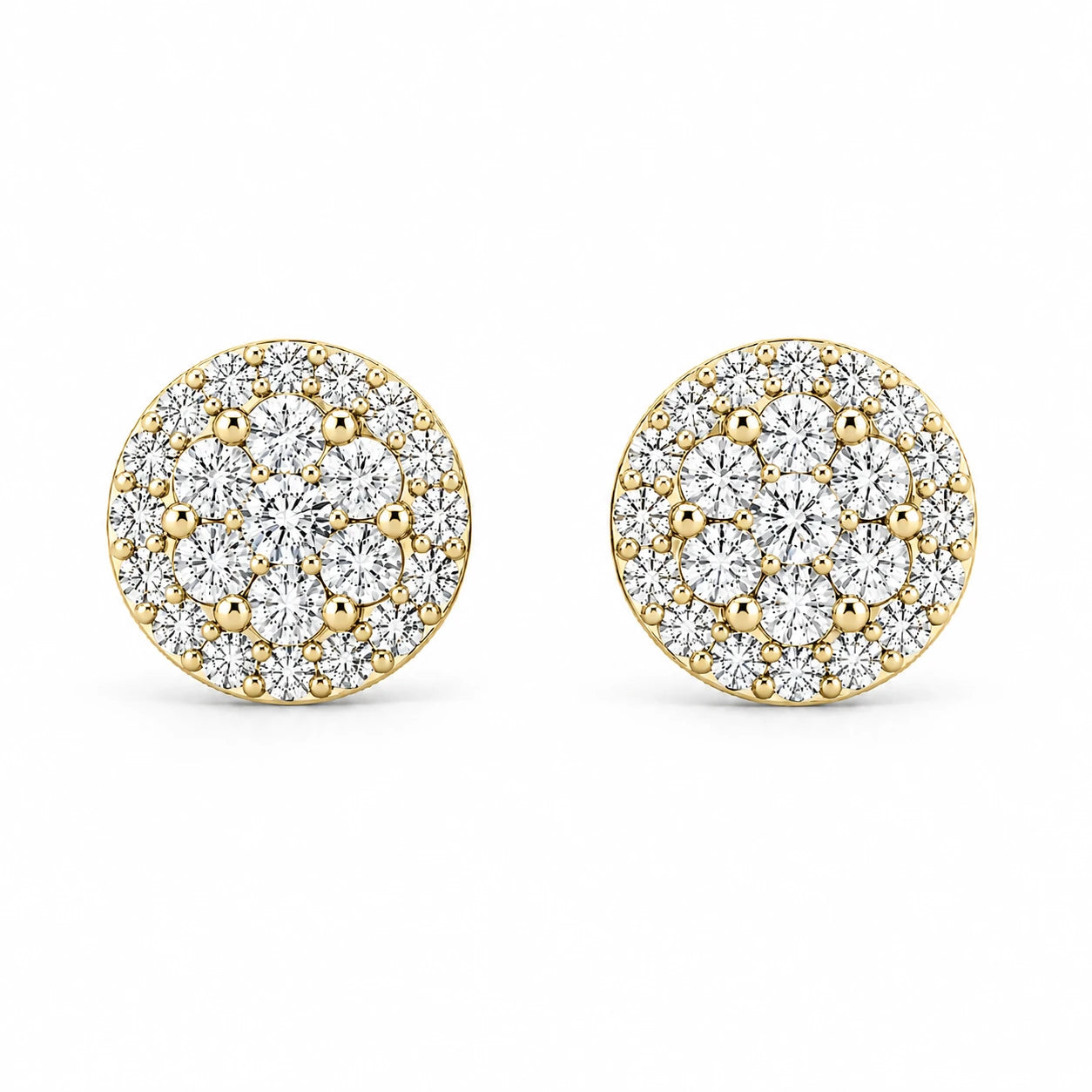 Halo Flower Diamond Studs in 14K yellow gold, 2.00ctw, front view