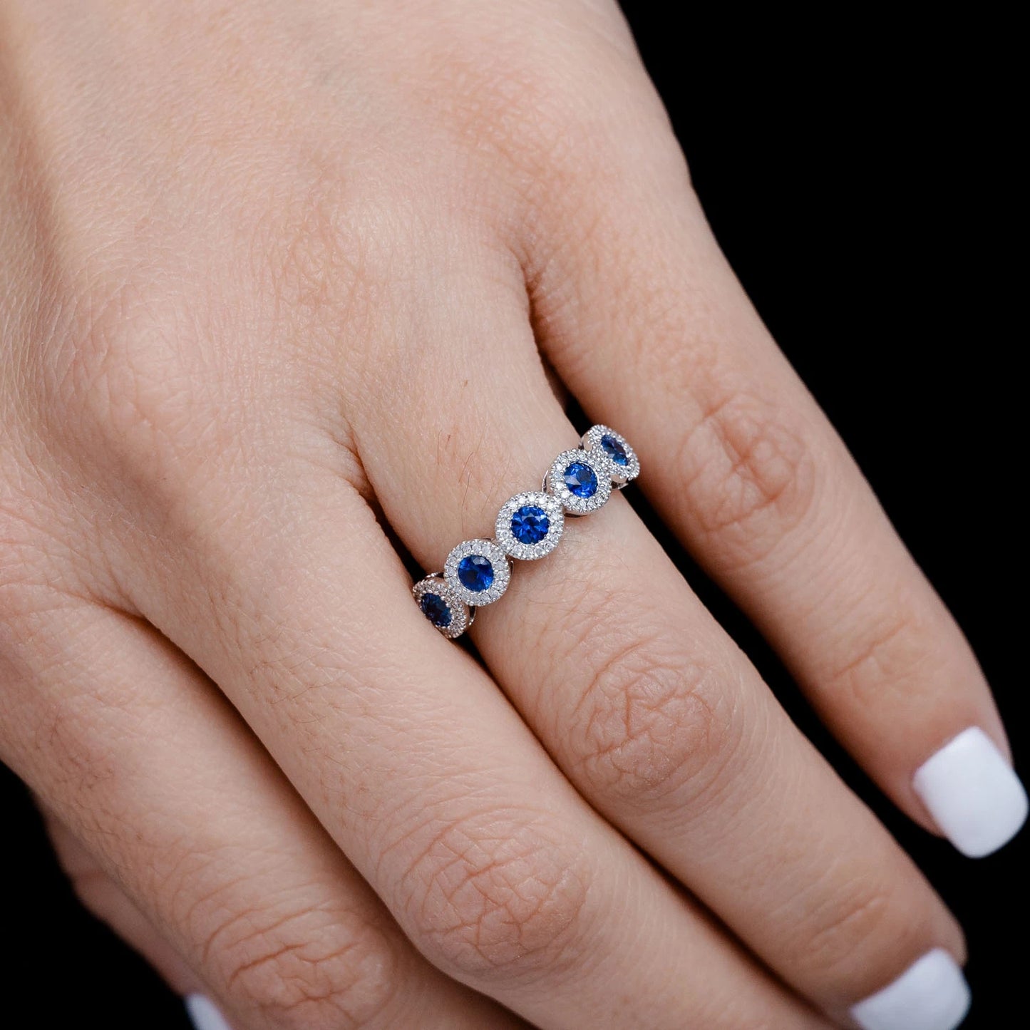 Five Stone Sapphire and Diamond Halo Band Ring