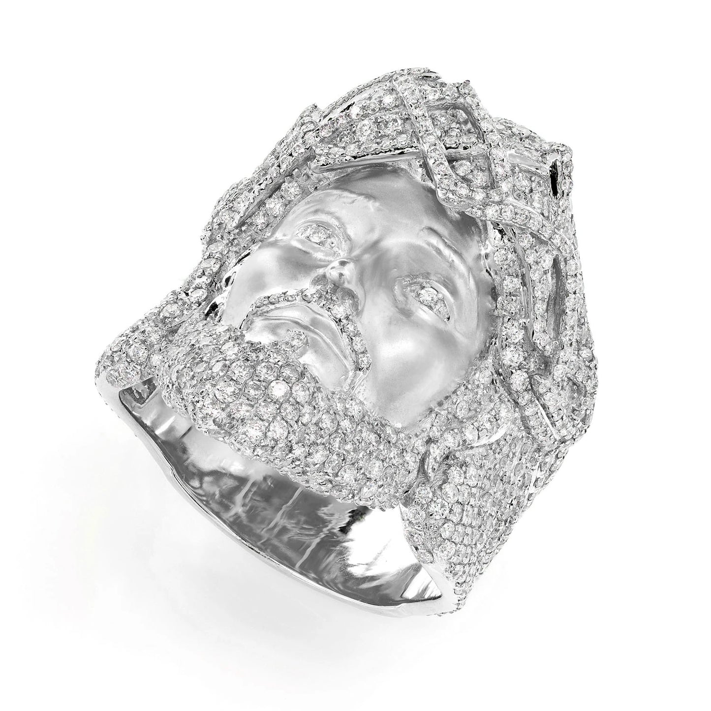 Jesus Face Diamond Signet Ring in 14K white gold, detail view