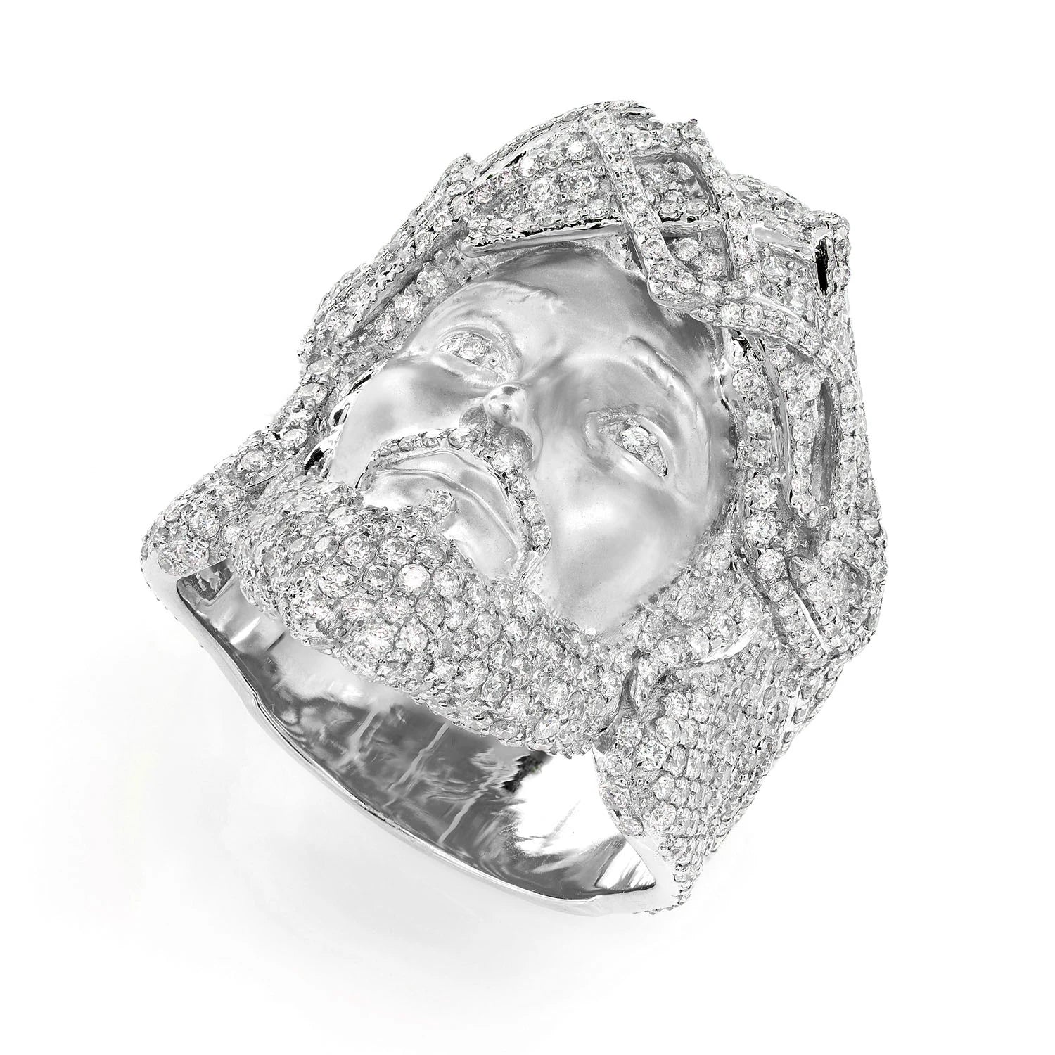 Jesus Face Diamond Signet Ring in 14K white gold, detail view