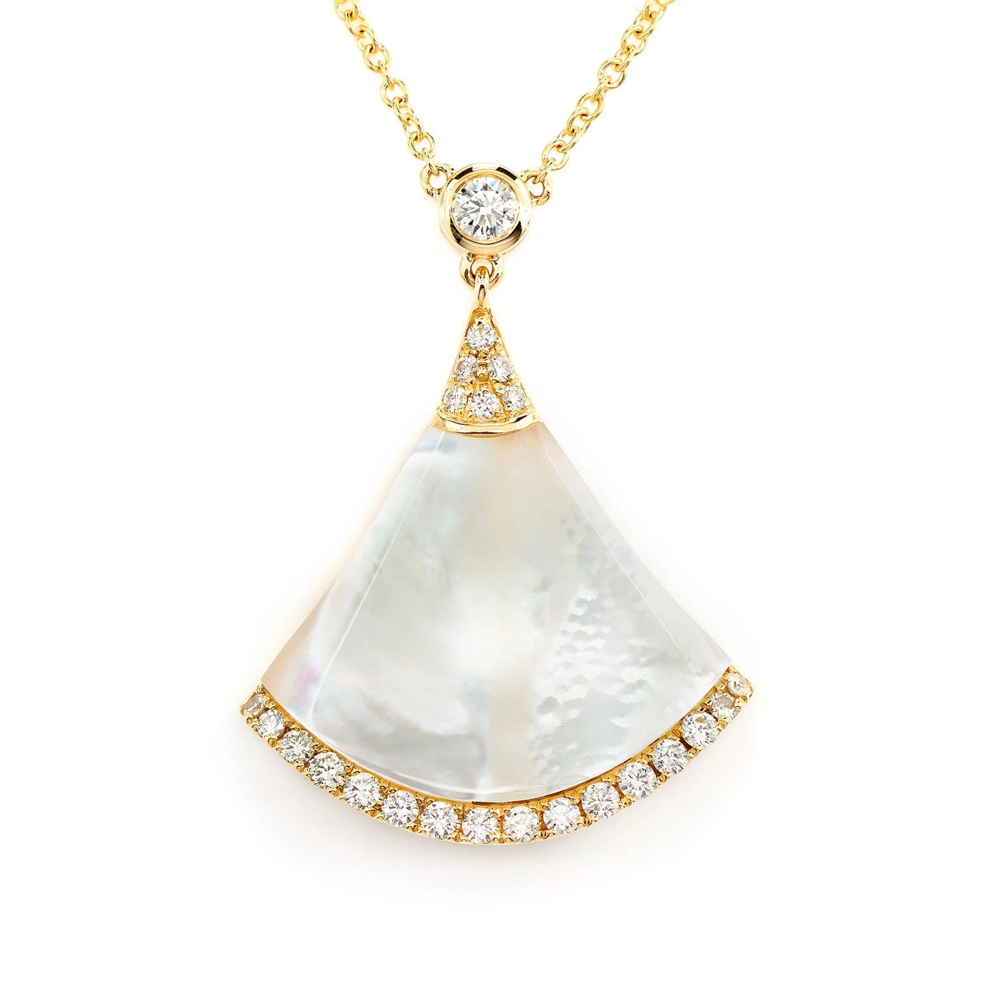 Mother of Pearl Fan Diamond Necklace in 14K yellow gold, front view