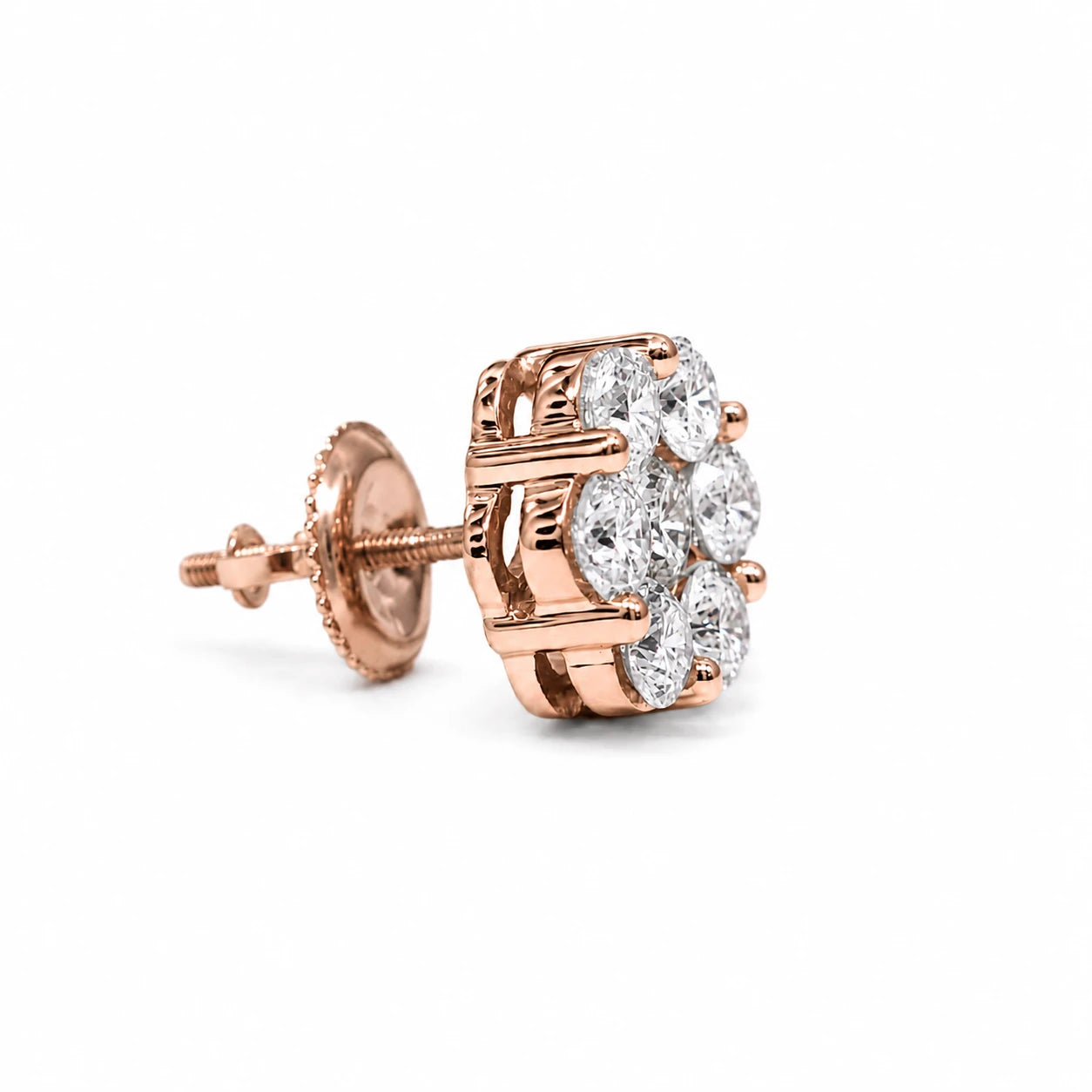 Flower Diamond Studs in 14K rose gold, 1.50ctw, angled view