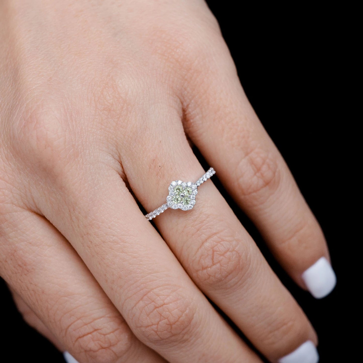 Clover Peridot Green and Diamond Cluster Halo Ring