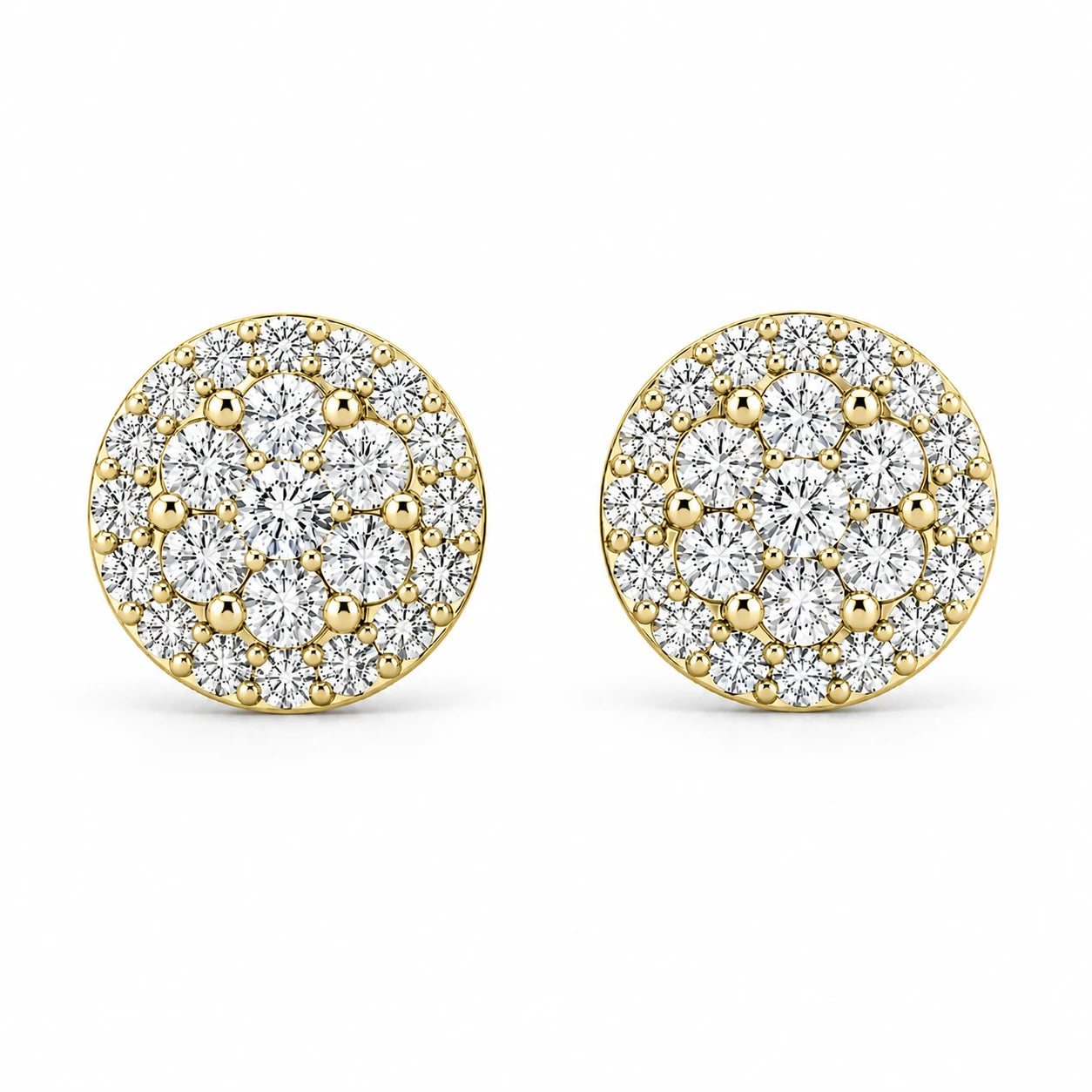 Halo Flower Diamond Studs in 14K yellow gold, 3.00ctw, front view