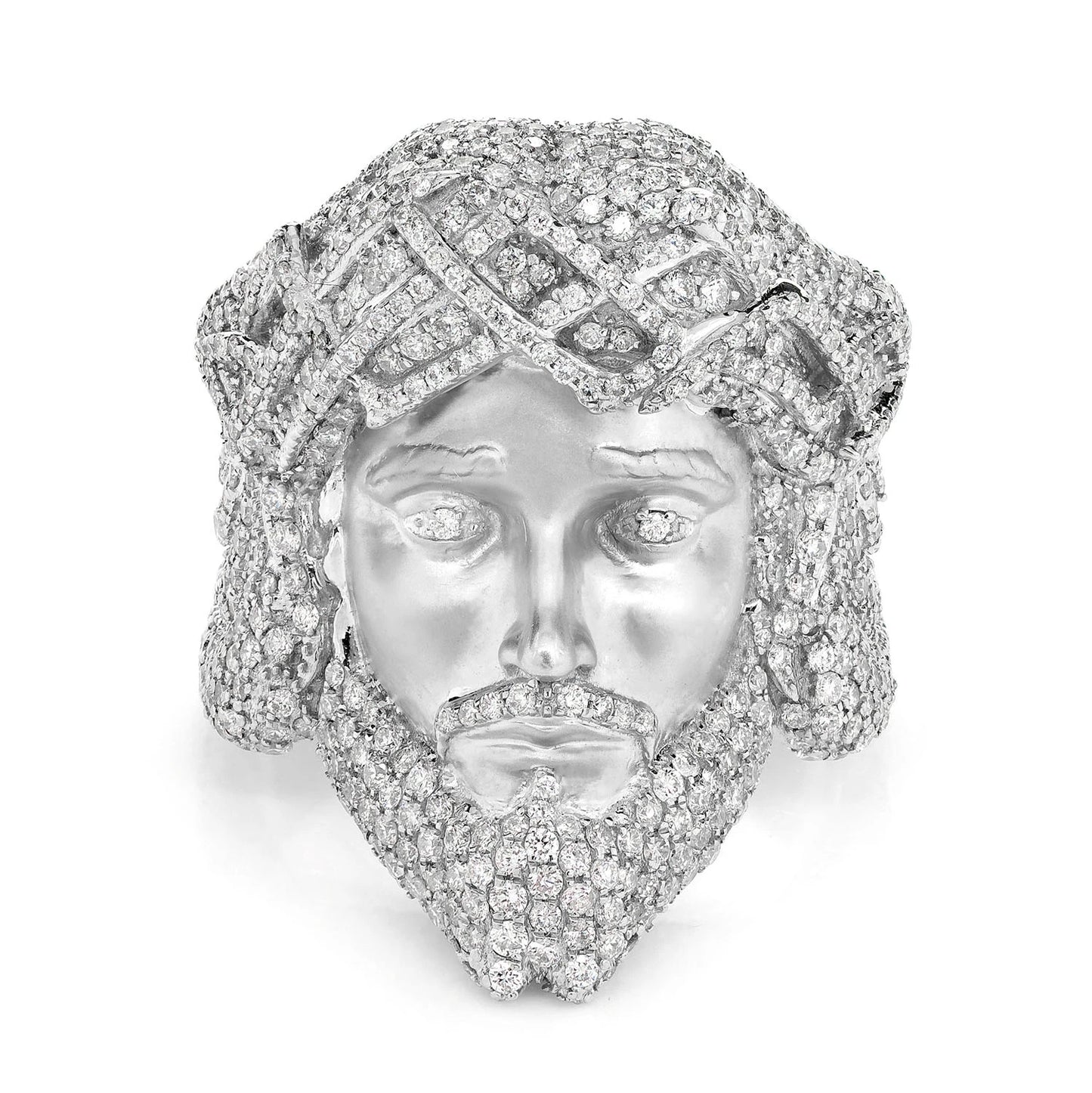 Jesus Face Diamond Signet Ring in 14K white gold, front view