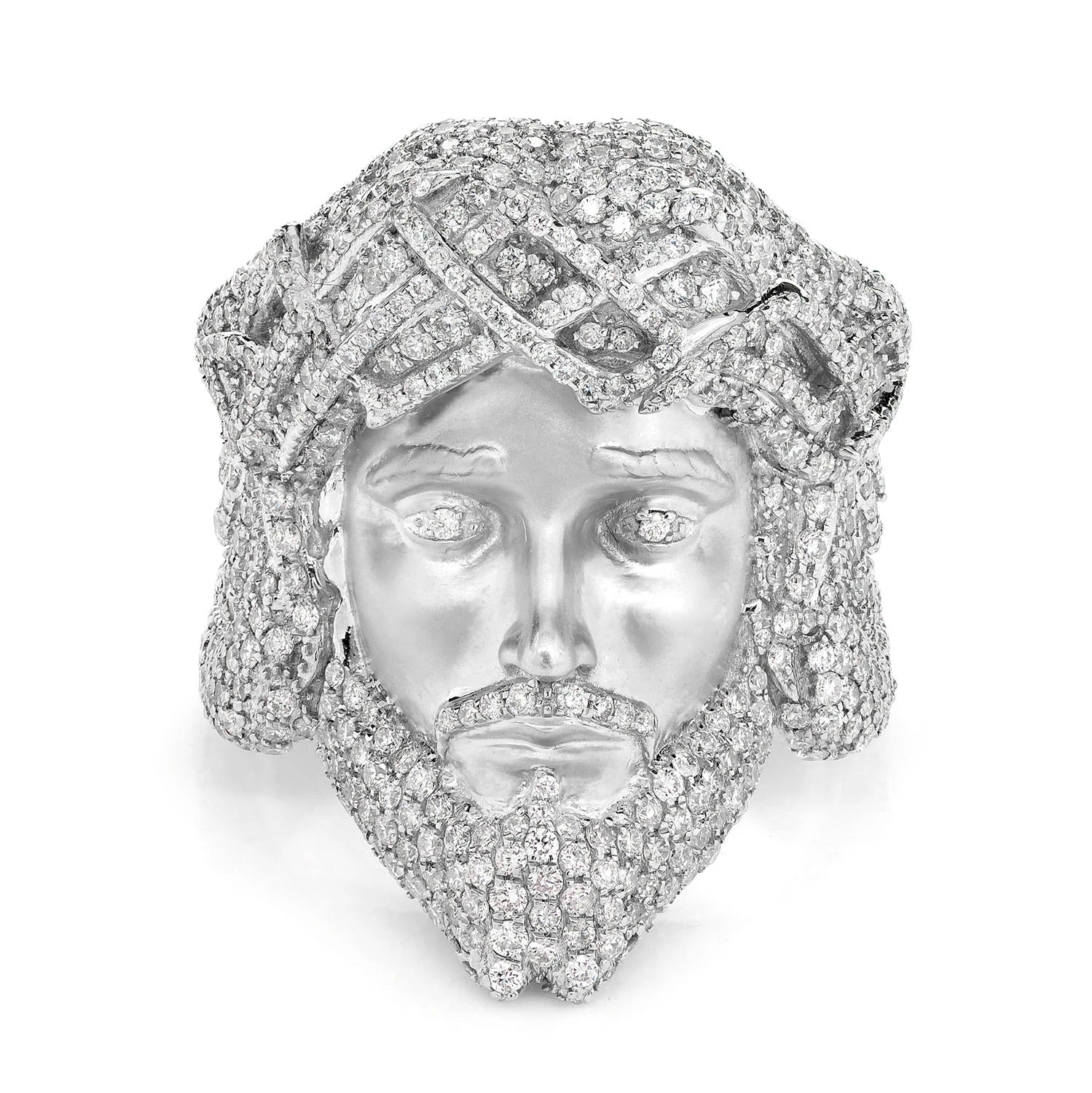 Jesus Face Diamond Signet Ring in 14K white gold, front view